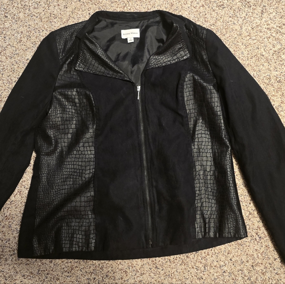 Studio Works Black Suede Light-Weight Jacket with Animal Print Textured Panels